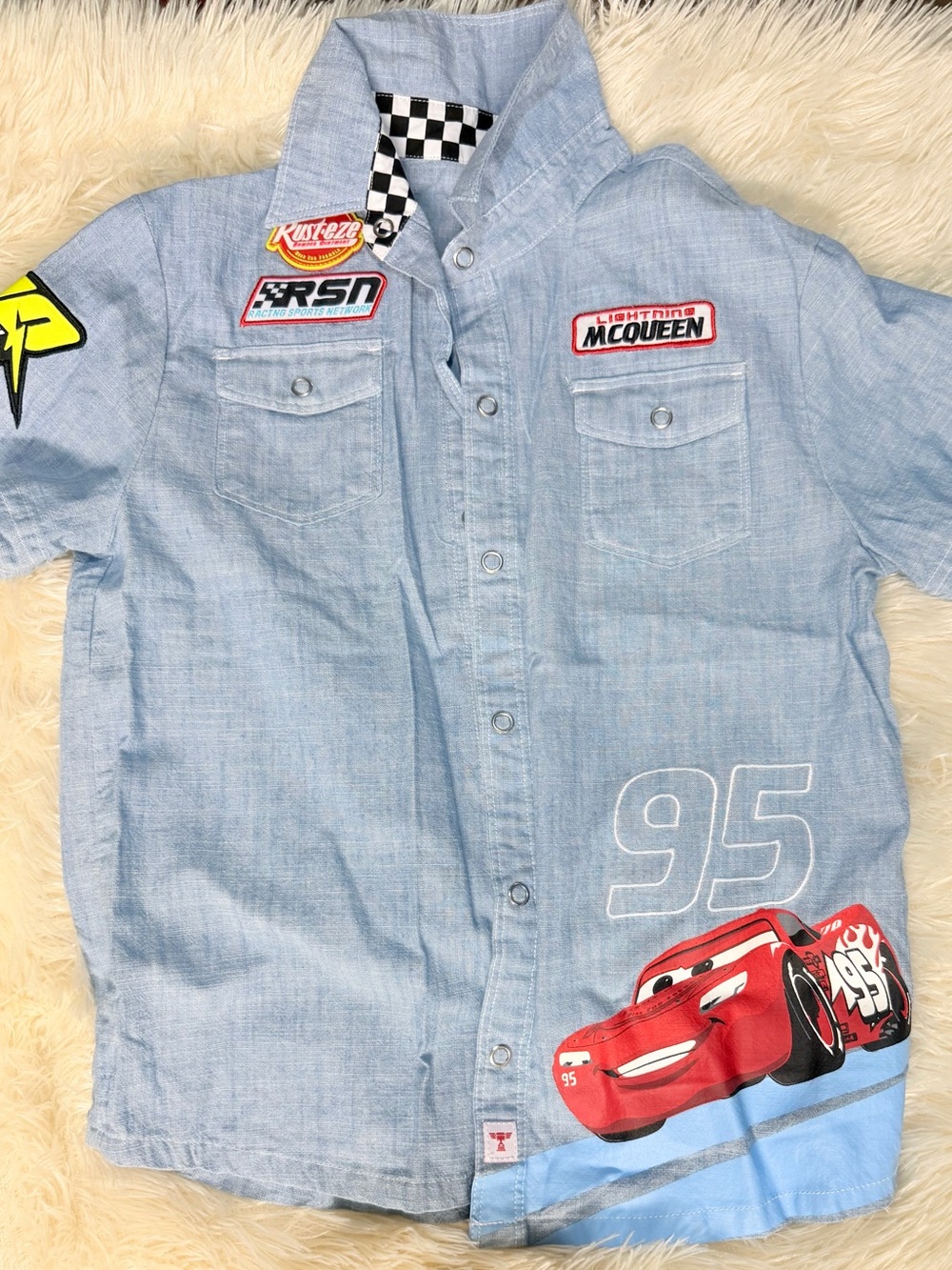 Lightning McQueen Disney button denim patch shirt  kids 9/10 Cars movie